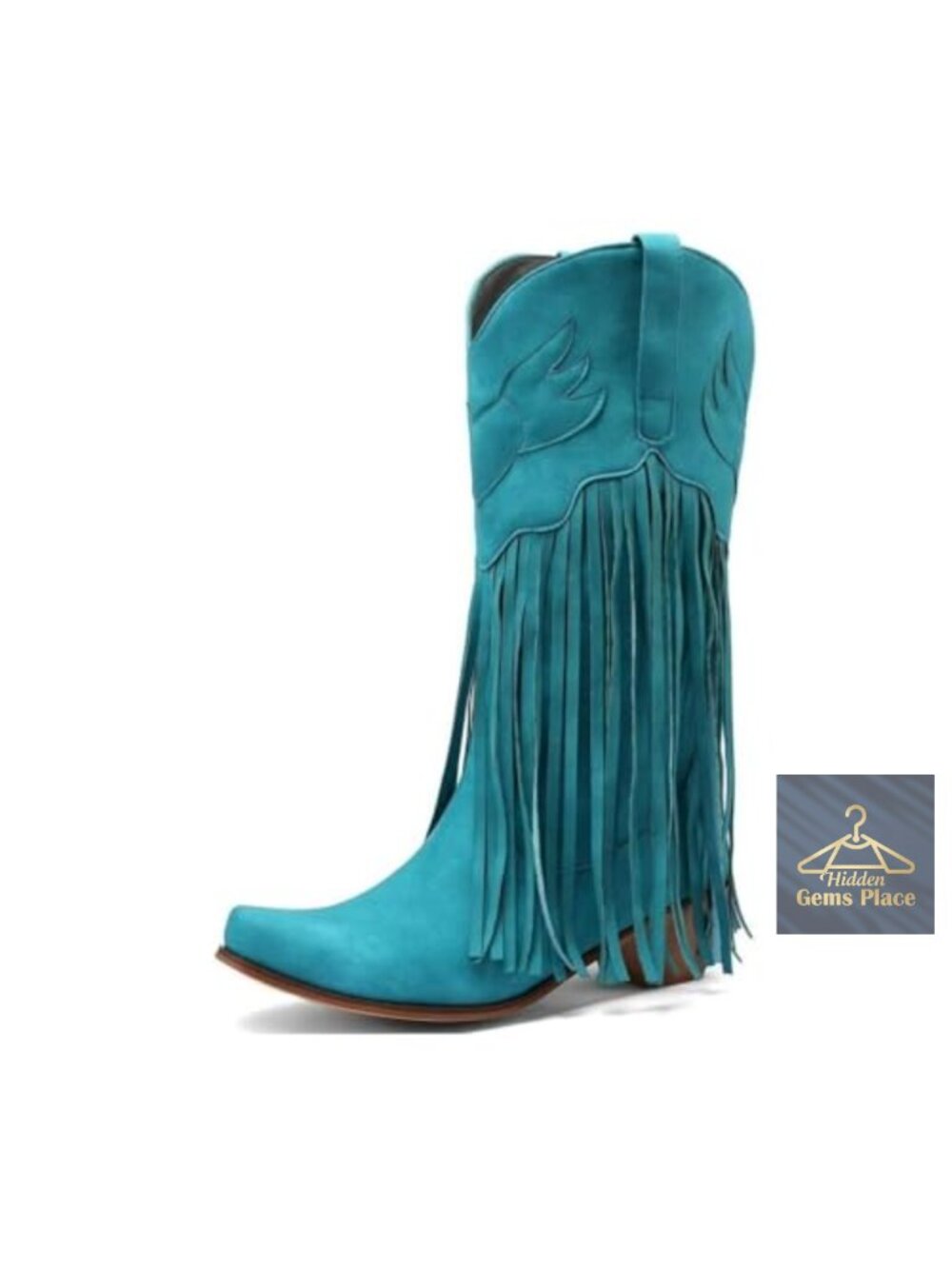 Fringe Cowgirl Boots Square Toe Chunky Heel Mid Calf Western Boots